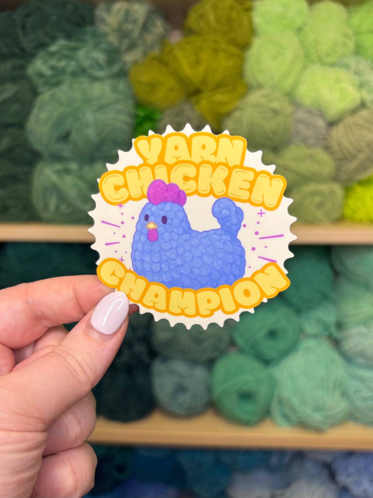 Yarn Chicken Champion Brown or Blue Crochet Chicken Sticker - Waterproof Sticker for Water Bottle/Stanley, Car, Laptop, Phone, Game Console