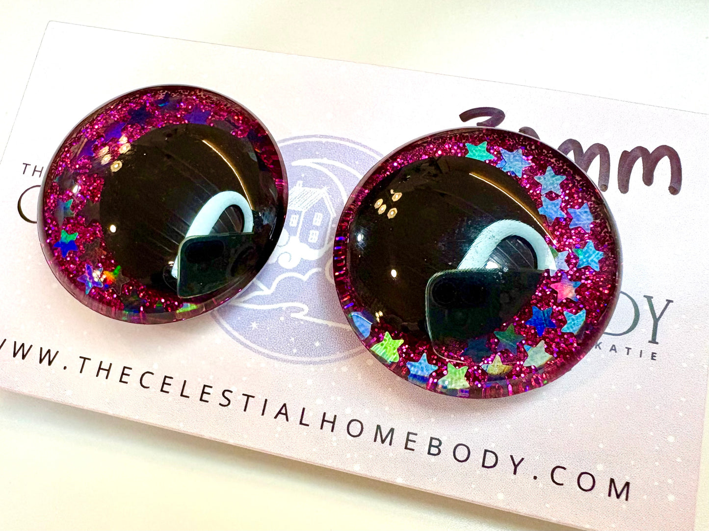 Rawr XD (Pink Glitter, Black Holo Stars) 3D Safety Eyes - 25mm, 30mm