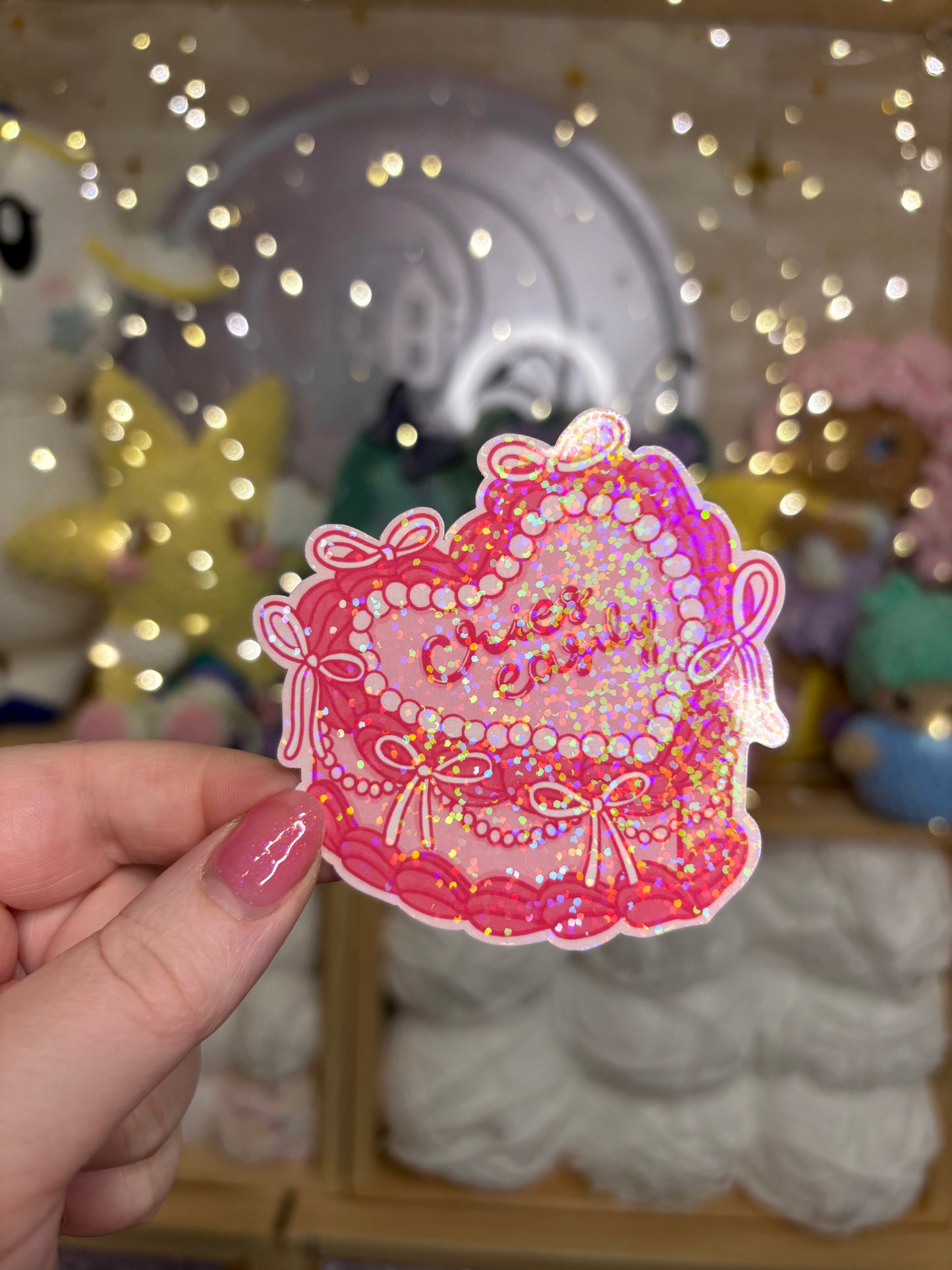 Cries Easily Coquette Cake Holographic Glitter Sticker - Waterproof Sticker for Water Bottle/Stanley, Car, Laptop, Phone, Game Console