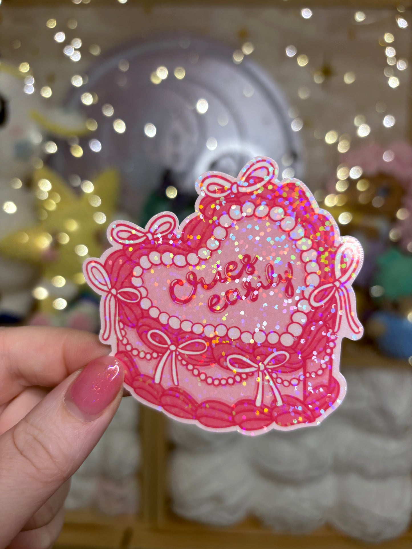 Cries Easily Coquette Cake Holographic Glitter Sticker - Waterproof Sticker for Water Bottle/Stanley, Car, Laptop, Phone, Game Console