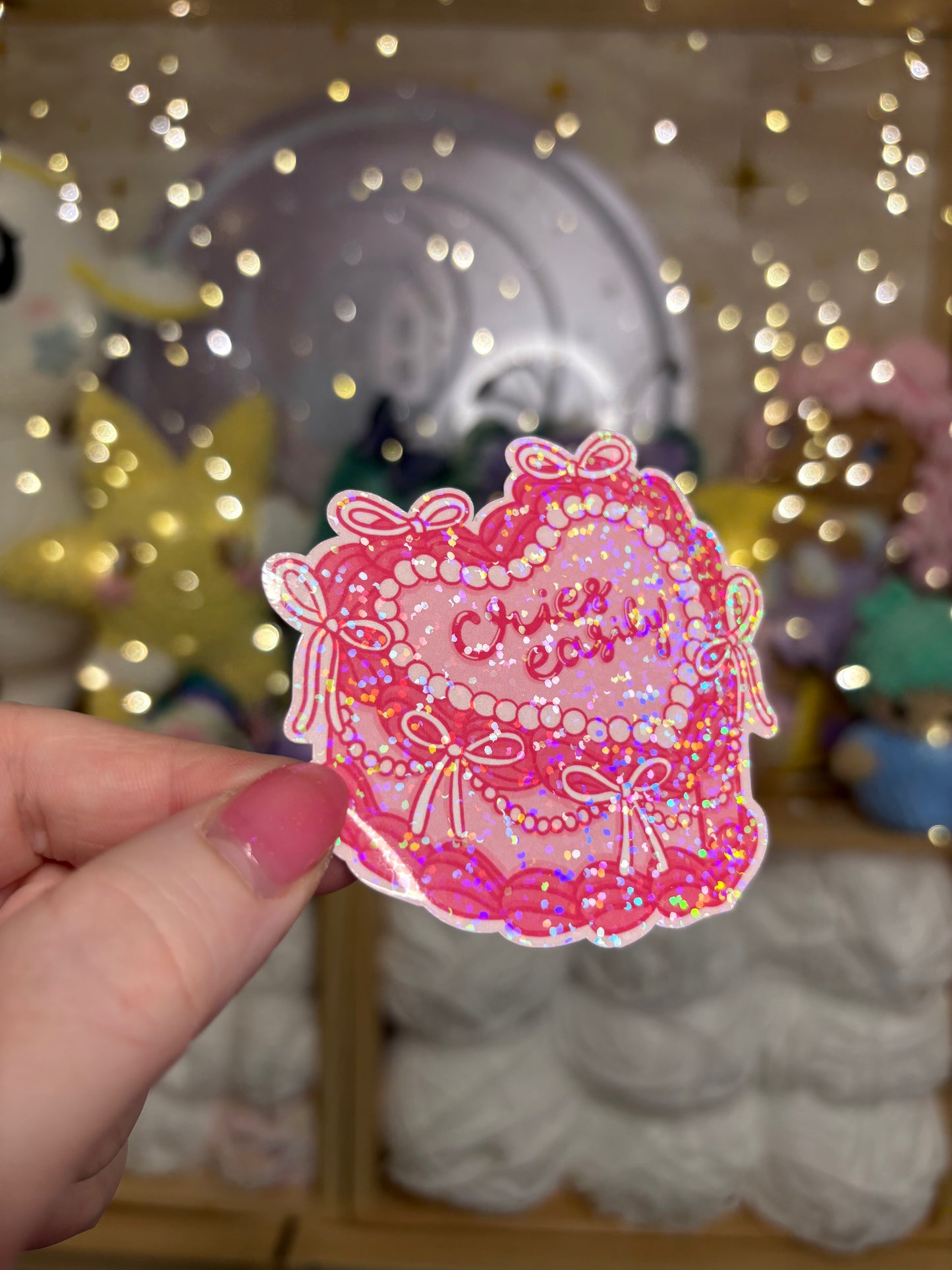 Cries Easily Coquette Cake Holographic Glitter Sticker - Waterproof Sticker for Water Bottle/Stanley, Car, Laptop, Phone, Game Console