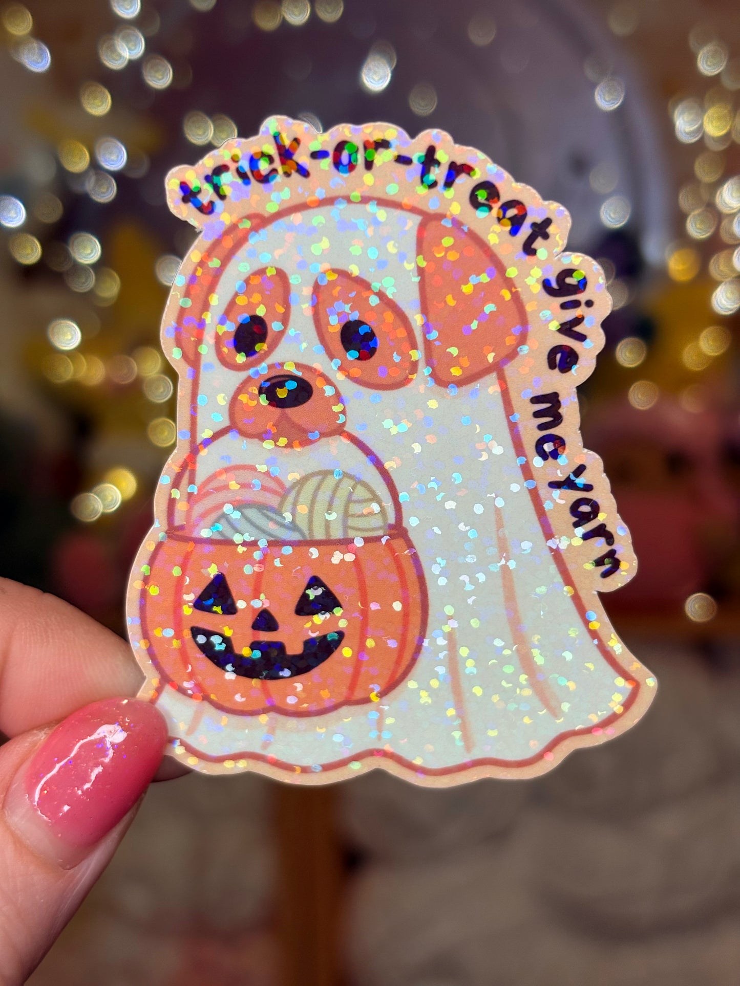 Trick-or-Treat Give Me Yarn Halloween Golden Retriever Dog - Waterproof Sticker for Water Bottle/Stanley, Car, Laptop, Phone, Game Console