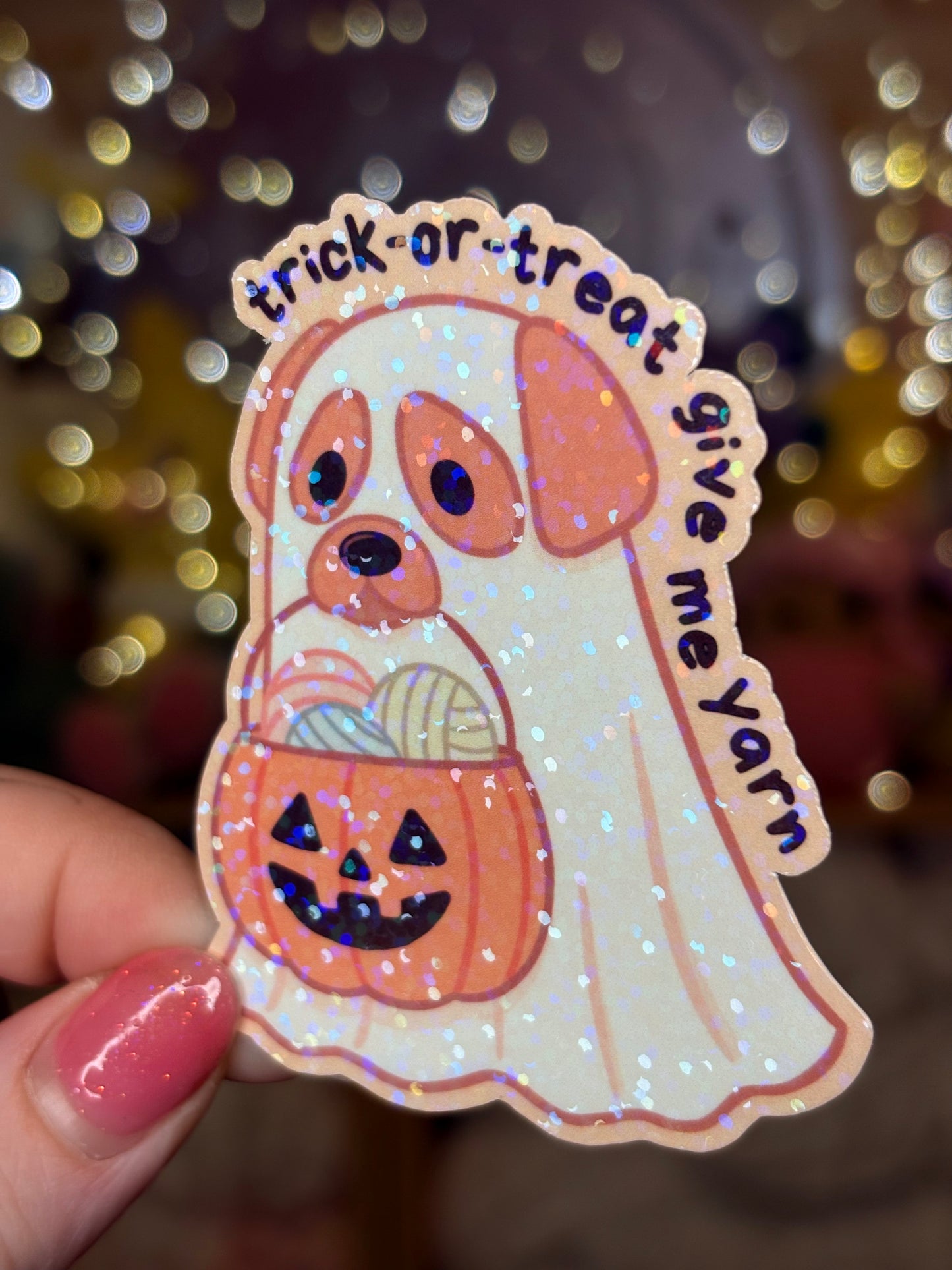 Trick-or-Treat Give Me Yarn Halloween Golden Retriever Dog - Waterproof Sticker for Water Bottle/Stanley, Car, Laptop, Phone, Game Console