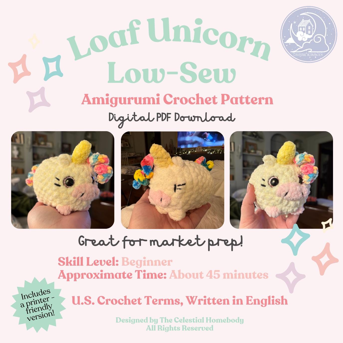 Loaf Unicorn Beginner Friendly LOW SEW Crochet Pattern Digital Download Quick Amigurumi Pattern