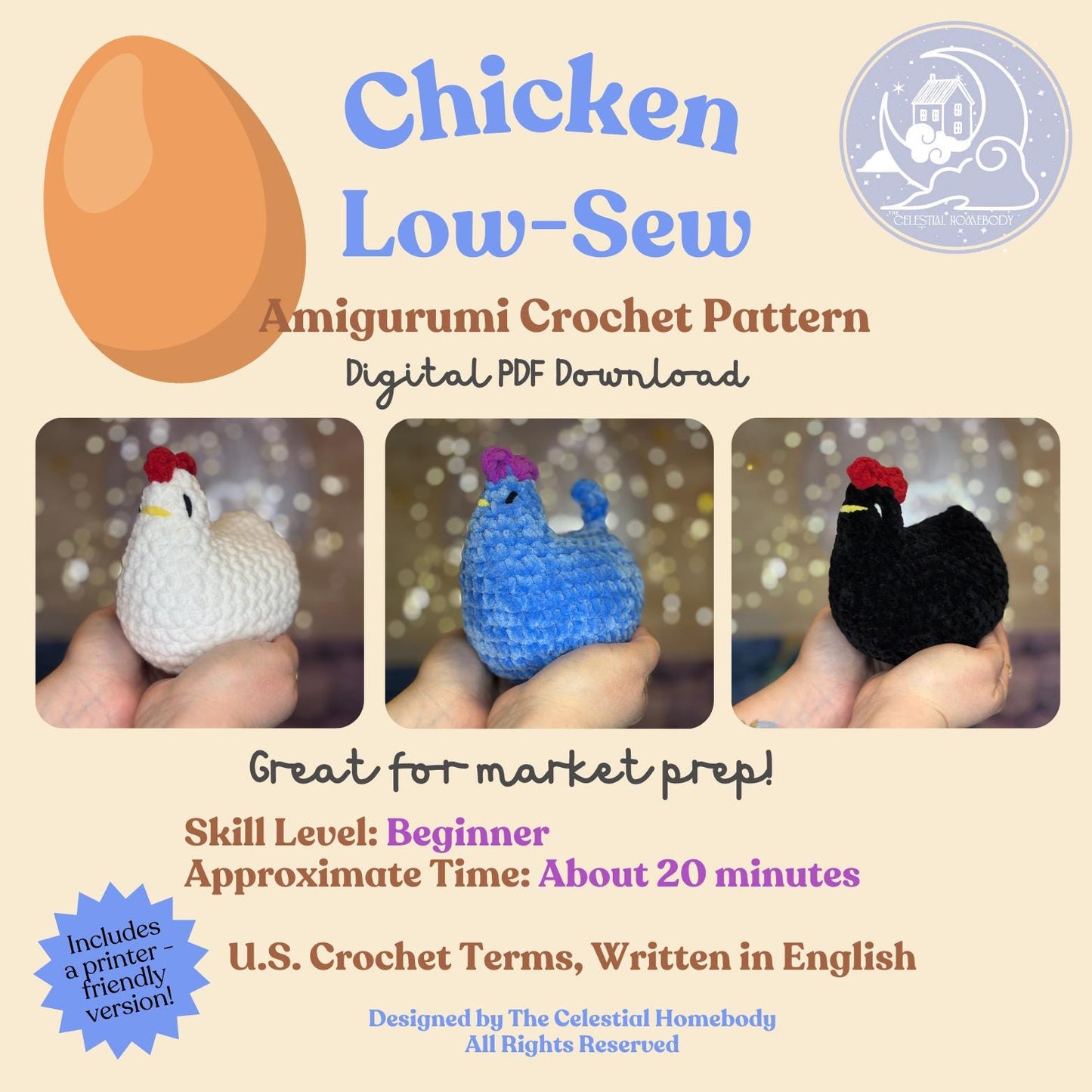 Stardew Valley Inspired Chicken Beginner Friendly LOW SEW Crochet Pattern Digital Download Quick Amigurumi Pattern