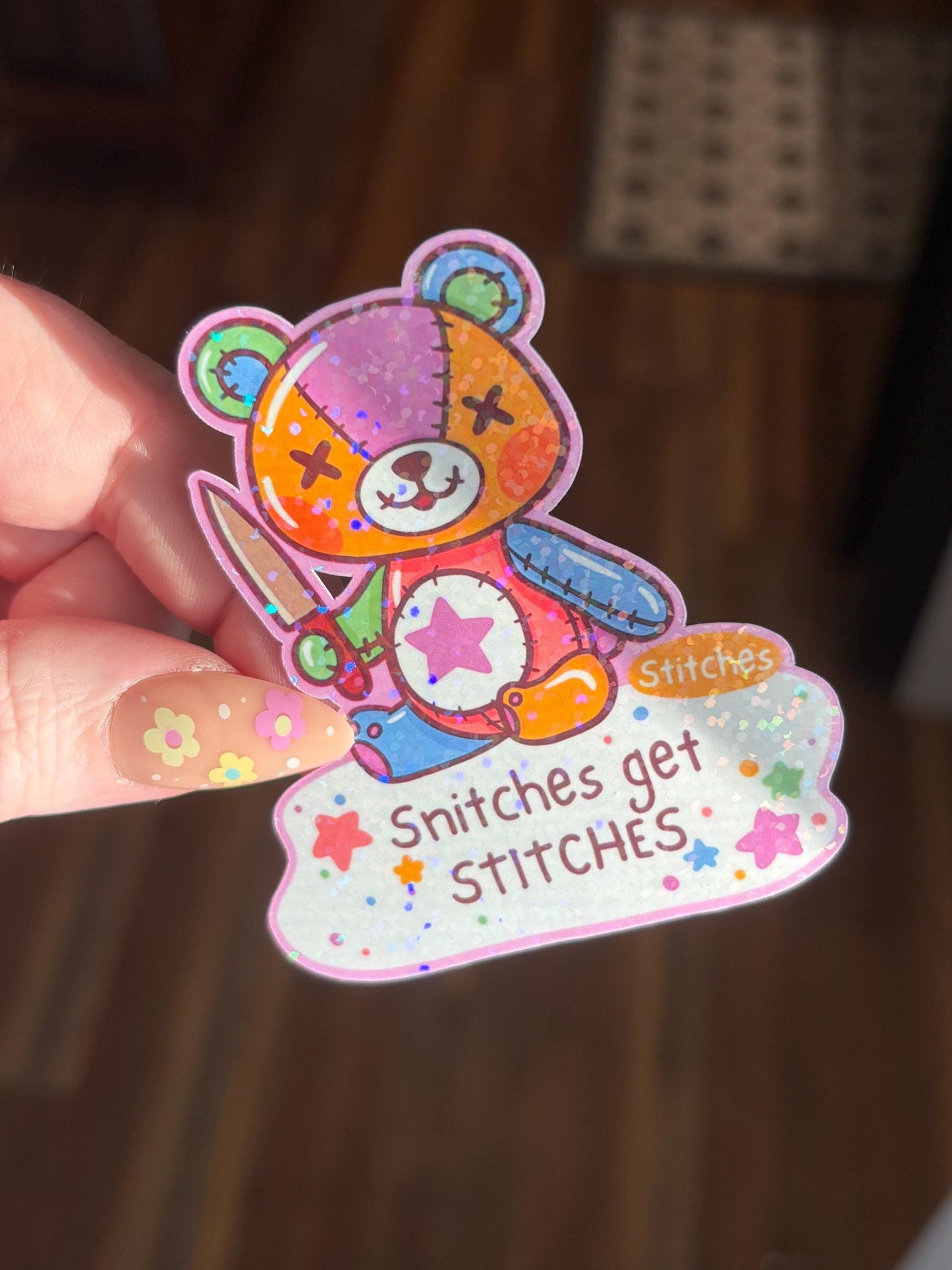 Snitches Get Stitches Sticker - Holographic Rainbow Waterproof Sticker for Water Bottle/Stanley, Car, Laptop, Phone, Game Console