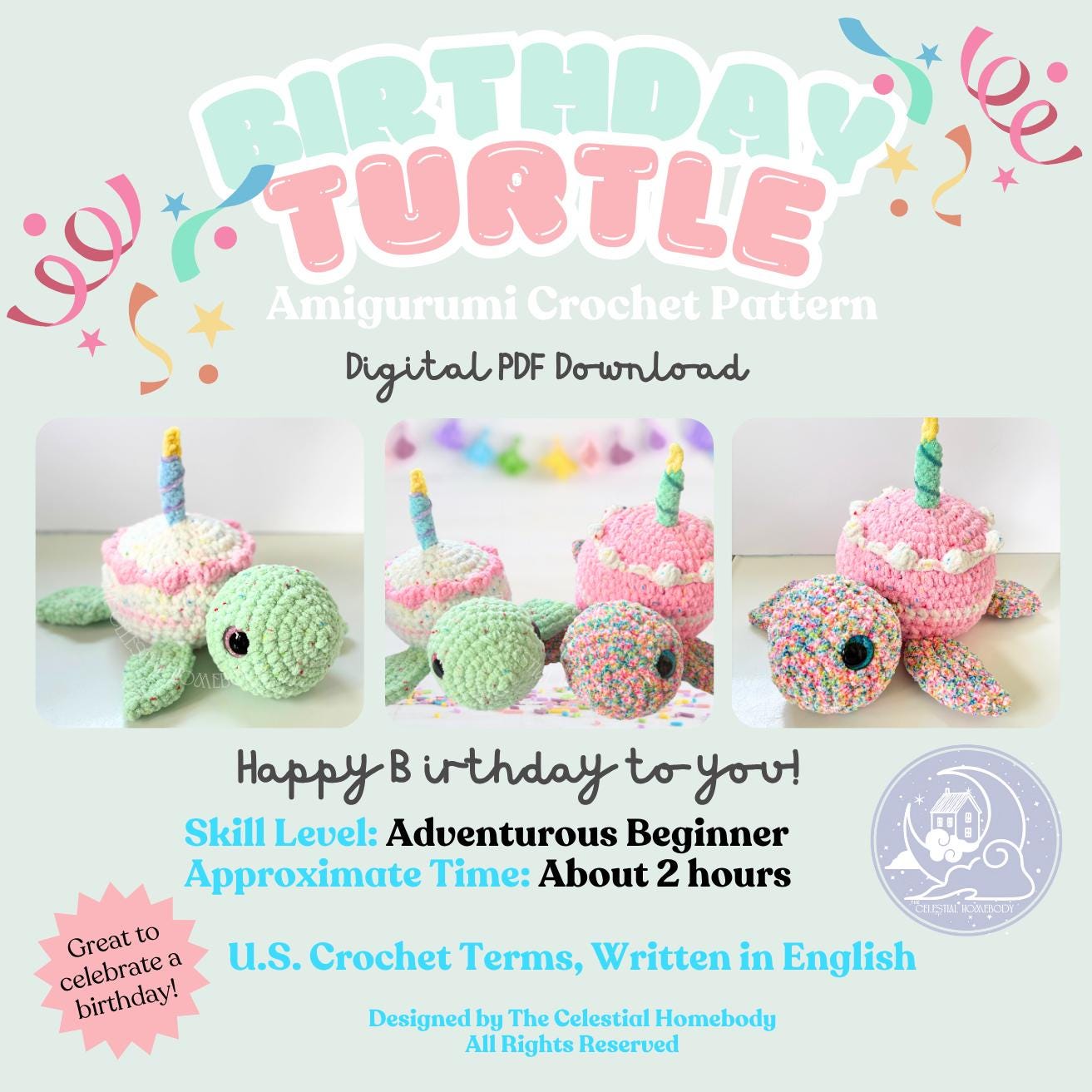 Birthday Cake Turtle Crochet Pattern Digital Download Amigurumi Pattern