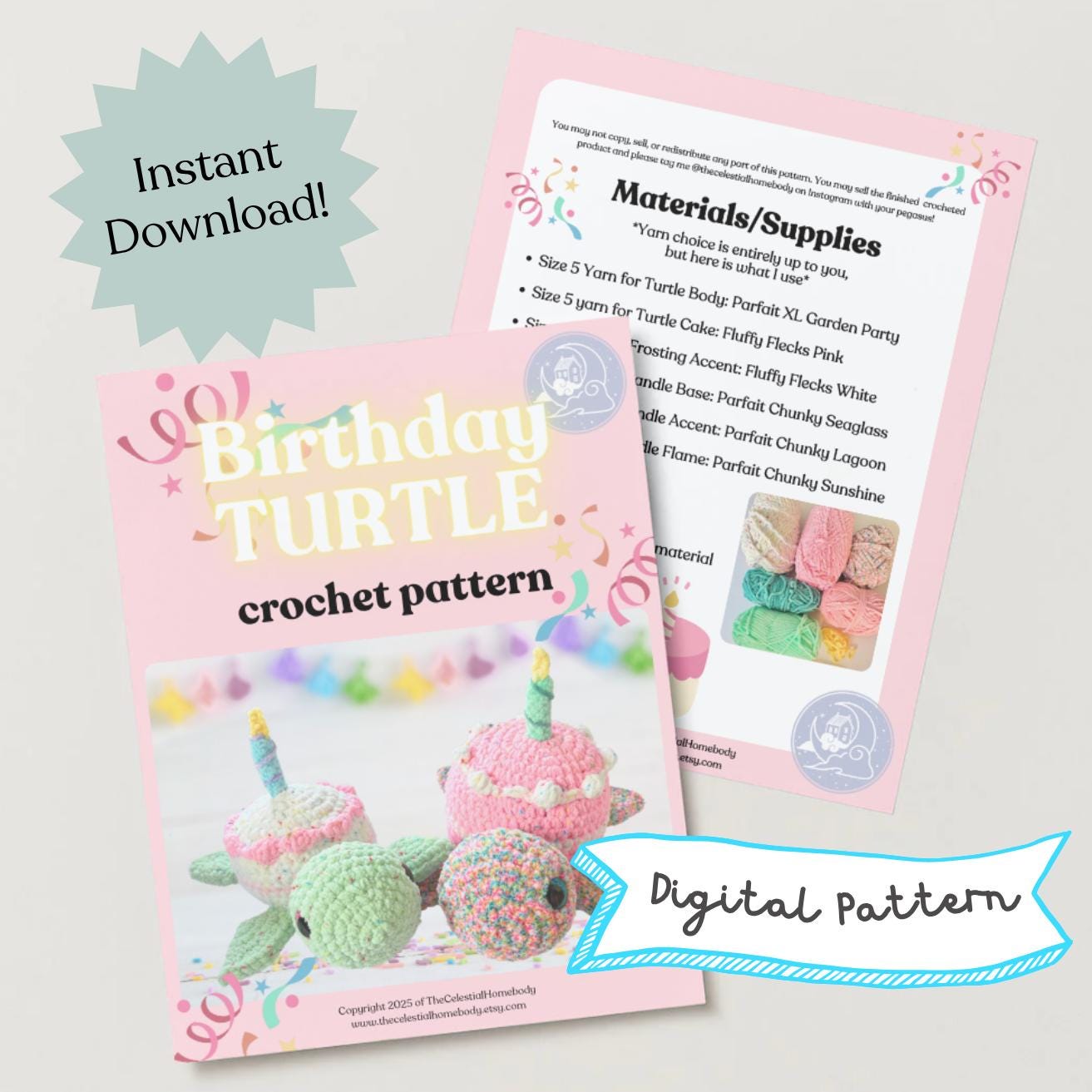 Birthday Cake Turtle Crochet Pattern Digital Download Amigurumi Pattern