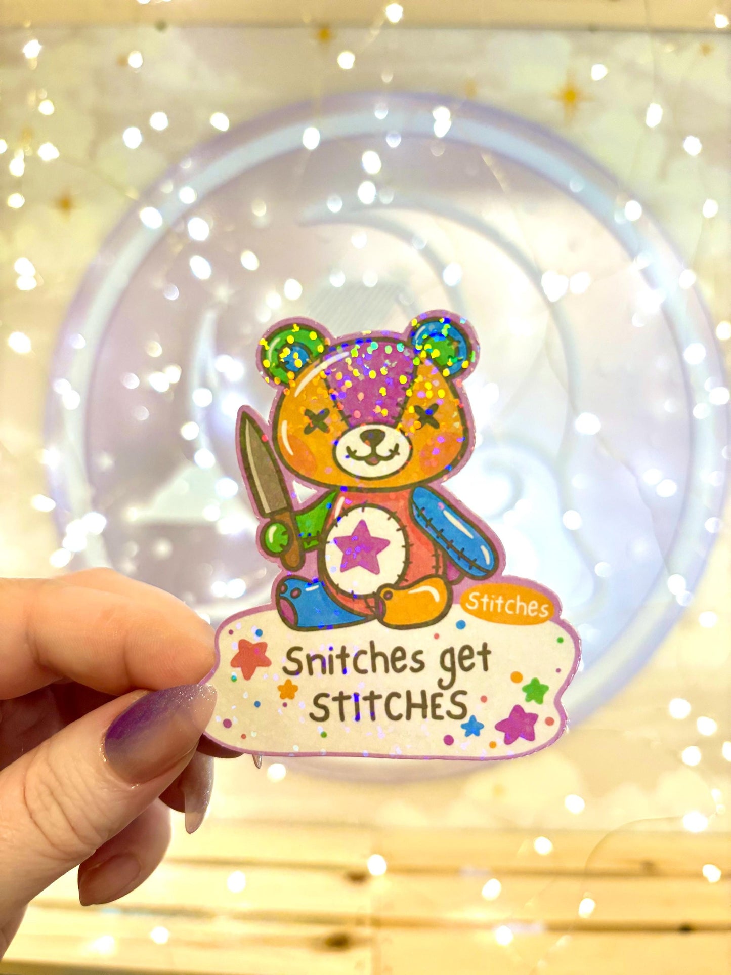 Snitches Get Stitches Sticker - Holographic Rainbow Waterproof Sticker for Water Bottle/Stanley, Car, Laptop, Phone, Game Console