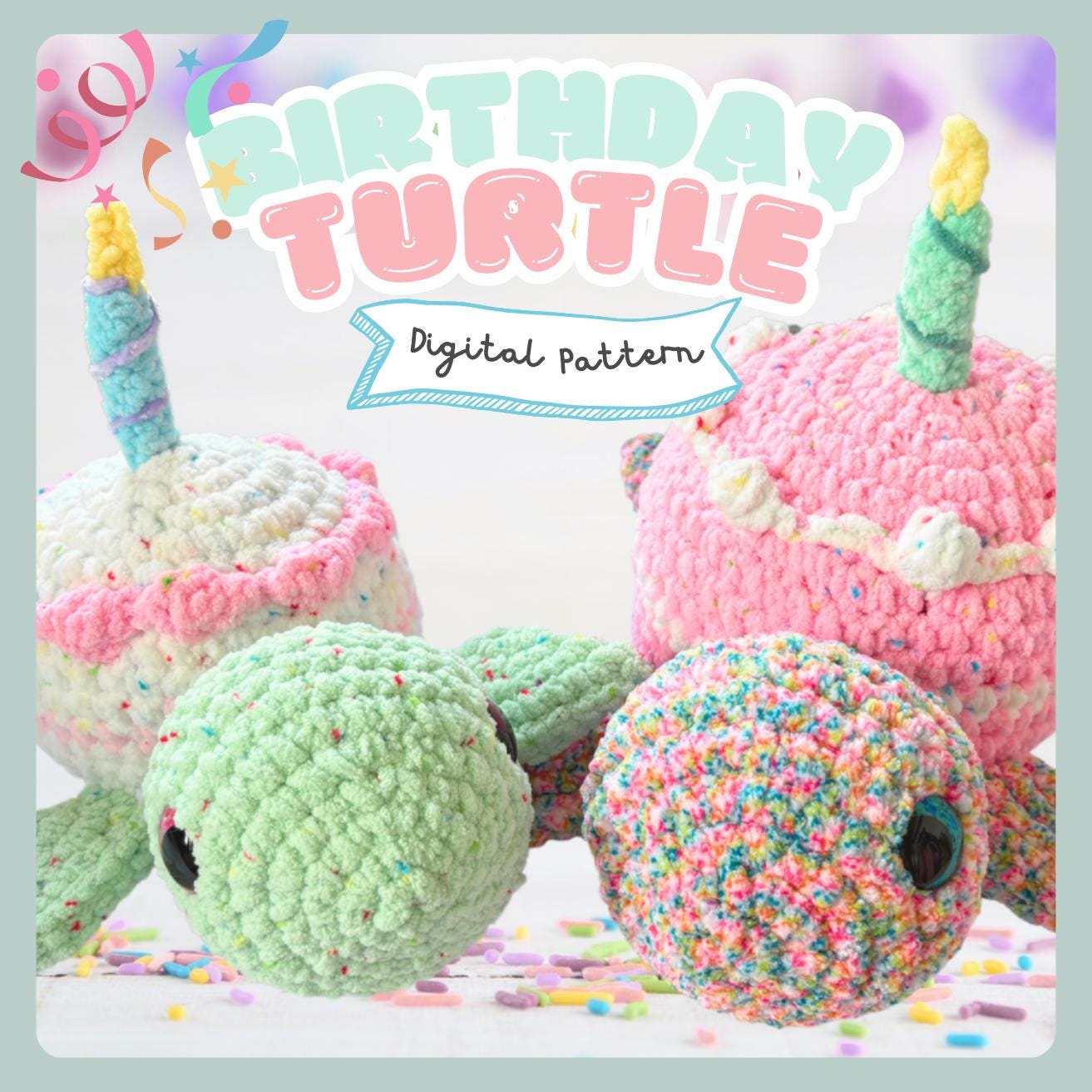 Birthday Cake Turtle Crochet Pattern Digital Download Amigurumi Pattern