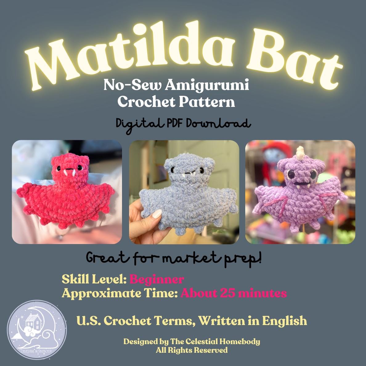 Matilda the Bat NO SEW Beginner Crochet Pattern Digital Download Quick Amigurumi Pattern Great for Market Prep!