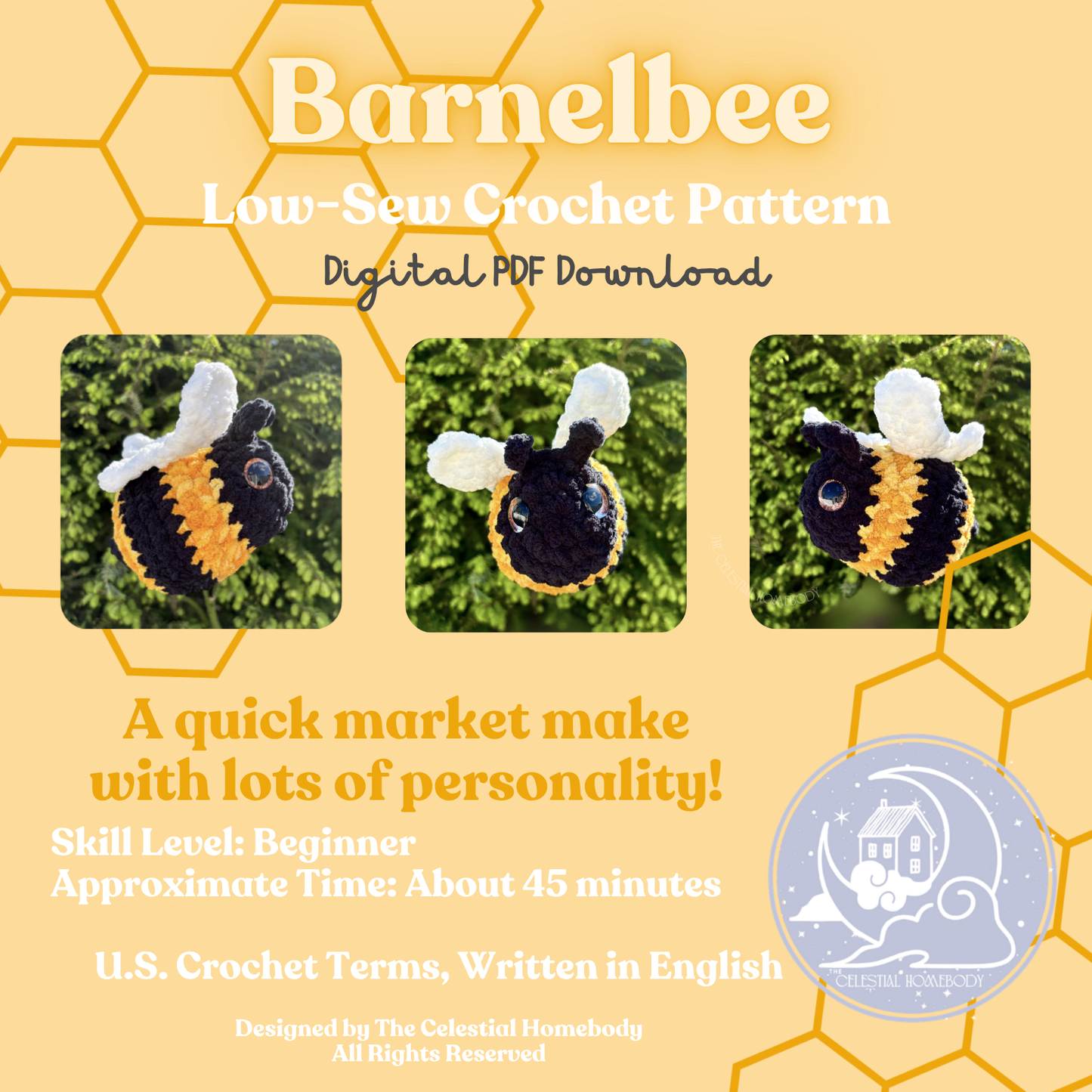 Barnelbee the Bumble Bee Beginner Friendly LOW SEW Crochet Pattern Digital Download Quick Amigurumi Pattern