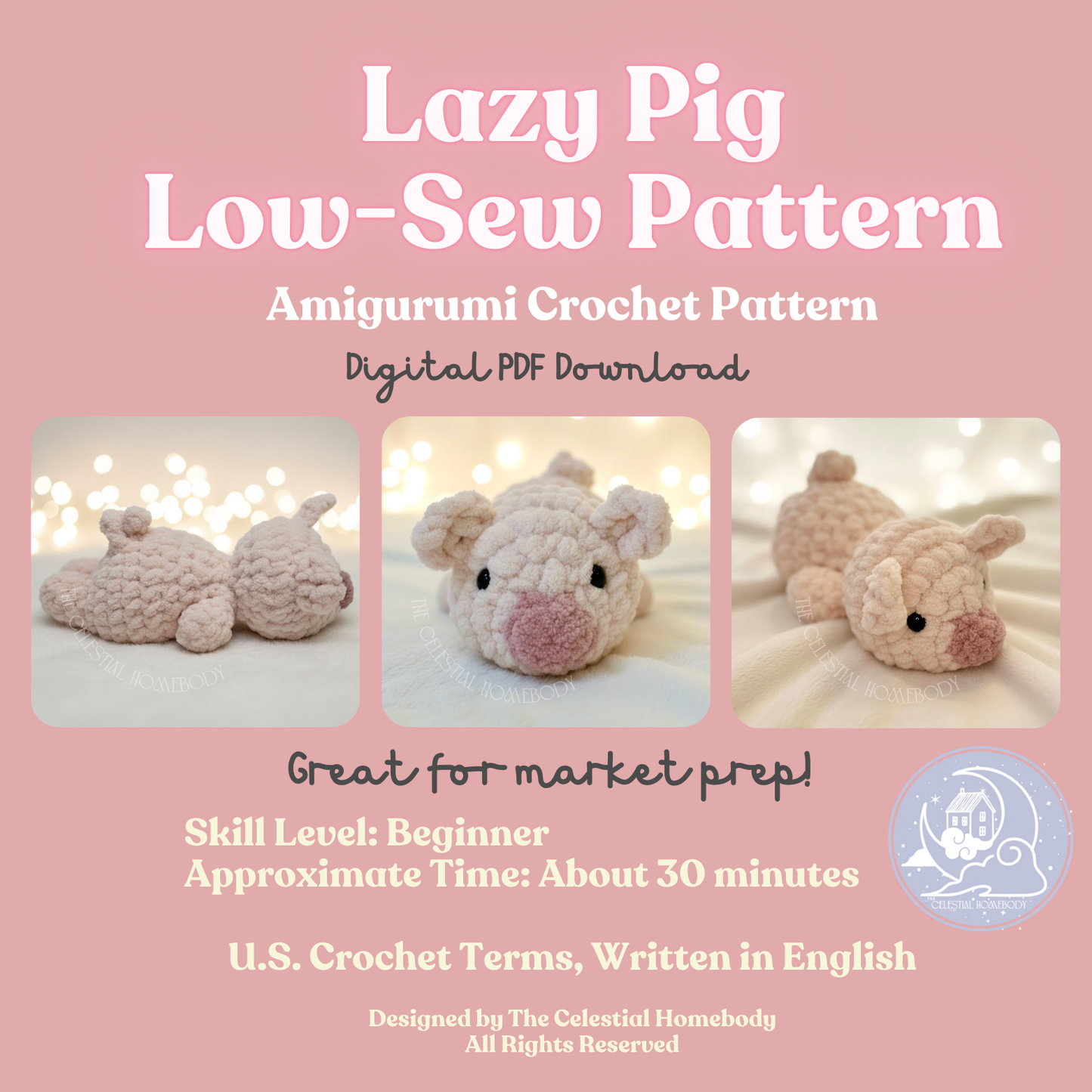 Lazy Piggy Low-Sew Beginner Crochet Pattern Digital Download Quick Amigurumi Pattern