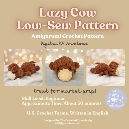 Lazy Highland Cow Low-Sew Beginner Crochet Pattern Digital Download Quick Amigurumi Pattern