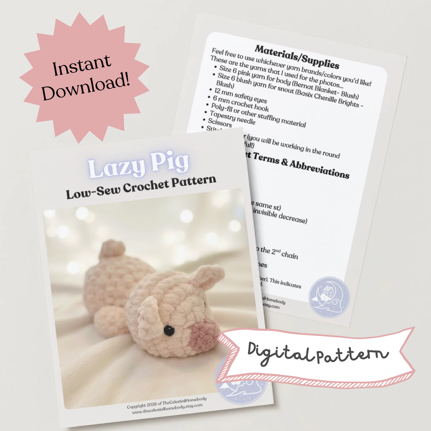 Lazy Piggy Low-Sew Beginner Crochet Pattern Digital Download Quick Amigurumi Pattern