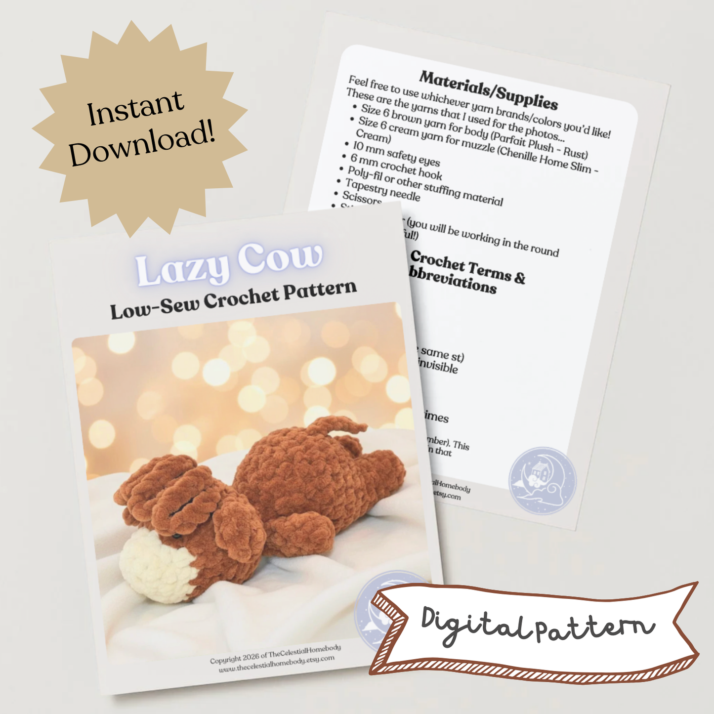 Lazy Highland Cow Low-Sew Beginner Crochet Pattern Digital Download Quick Amigurumi Pattern