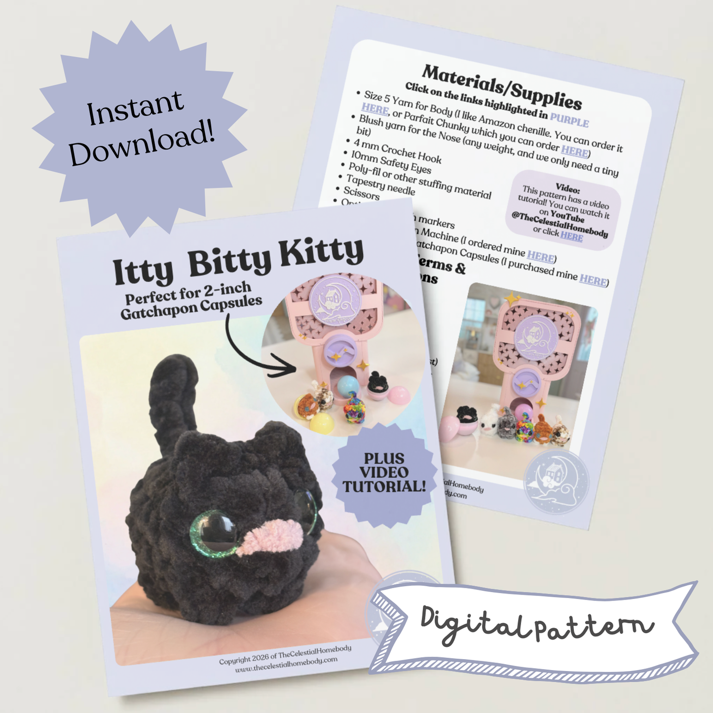 Itty Bitty Kitty No-Sew Beginner Crochet Pattern For Gatchapon Capsule/Keychain Digital Download Quick Amigurumi Pattern
