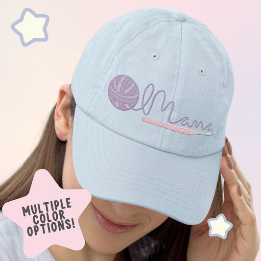 Crocheting Mama Hook and Yarn Ball Handwritten Embroidered Pastel Baseball Hat