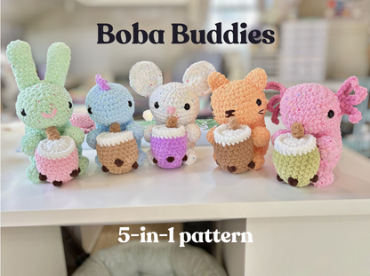 Boba Buddies! 5-in-1 Modular Amigurumi Crochet Pattern Digital Download - Cat, Bunny, Dinosaur, Mouse, and Axolotl Patterns