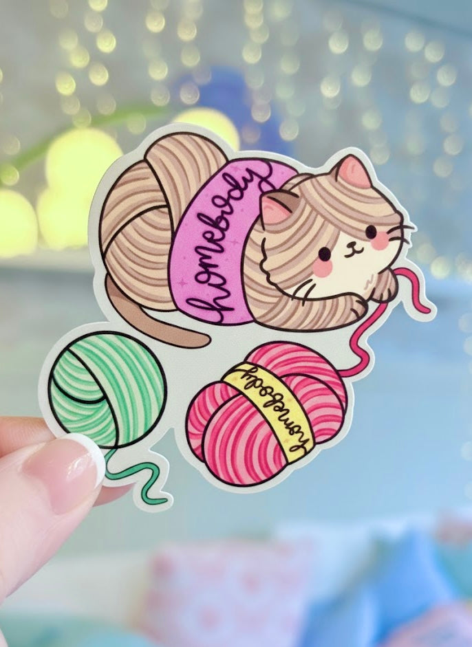 Yarn Cat Crocheter/Knitter Homebody Sticker - Waterproof Sticker for Water Bottle/Stanley, Car, Laptop, Phone, Game Console