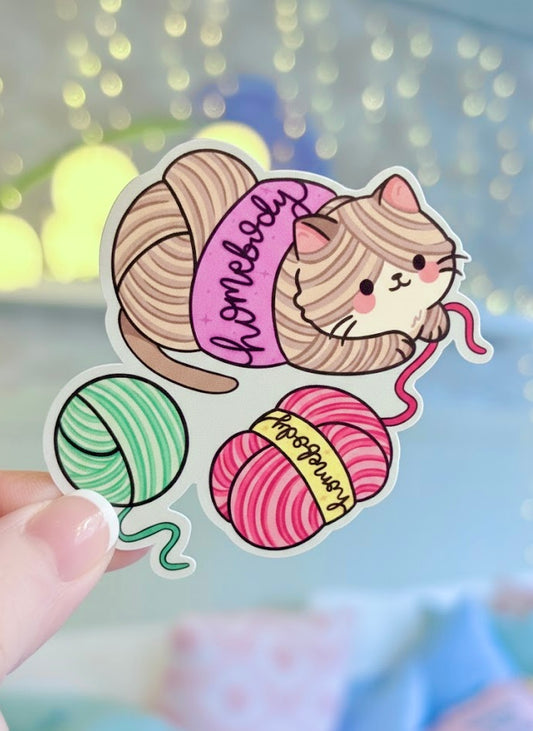 Yarn Cat Crocheter/Knitter Homebody Sticker - Waterproof Sticker for Water Bottle/Stanley, Car, Laptop, Phone, Game Console