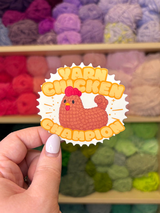 Yarn Chicken Champion Brown or Blue Crochet Chicken Sticker - Waterproof Sticker for Water Bottle/Stanley, Car, Laptop, Phone, Game Console