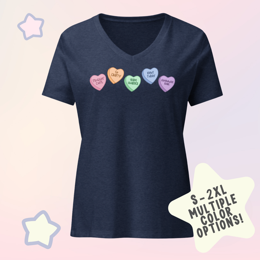 Fiber Artist Crafter Crocheter/Knitter Valentines Pastel Hearts Women’s Relaxed V-Neck T-Shirt