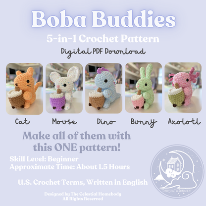 Boba Buddies! 5-in-1 Modular Amigurumi Crochet Pattern Digital Download - Cat, Bunny, Dinosaur, Mouse, and Axolotl Patterns