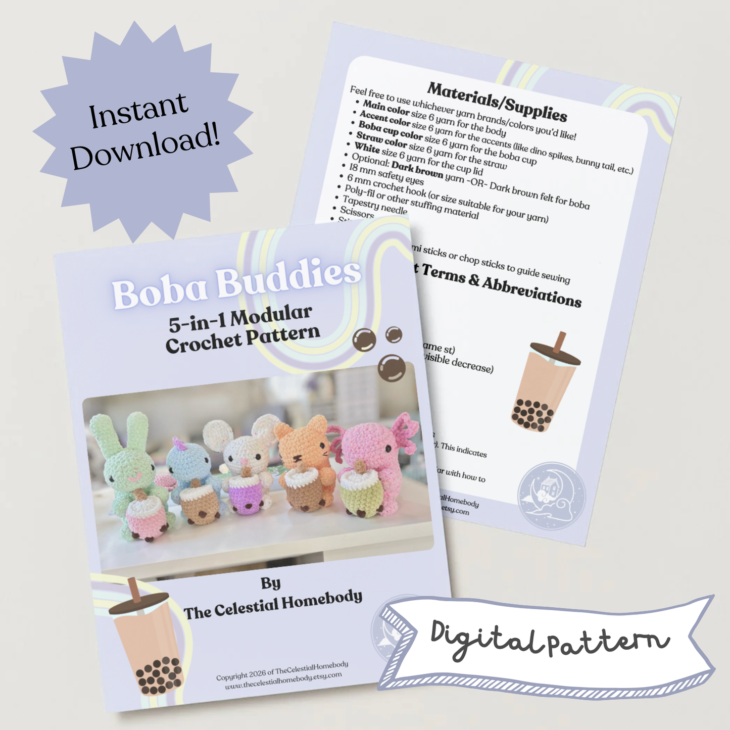 Boba Buddies! 5-in-1 Modular Amigurumi Crochet Pattern Digital Download - Cat, Bunny, Dinosaur, Mouse, and Axolotl Patterns
