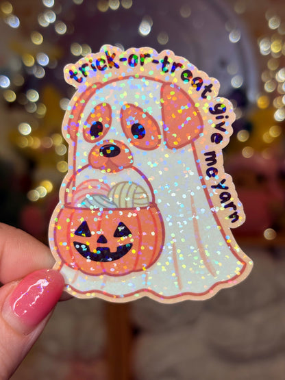 Trick-or-Treat Give Me Yarn Halloween Golden Retriever Dog - Waterproof Sticker for Water Bottle/Stanley, Car, Laptop, Phone, Game Console