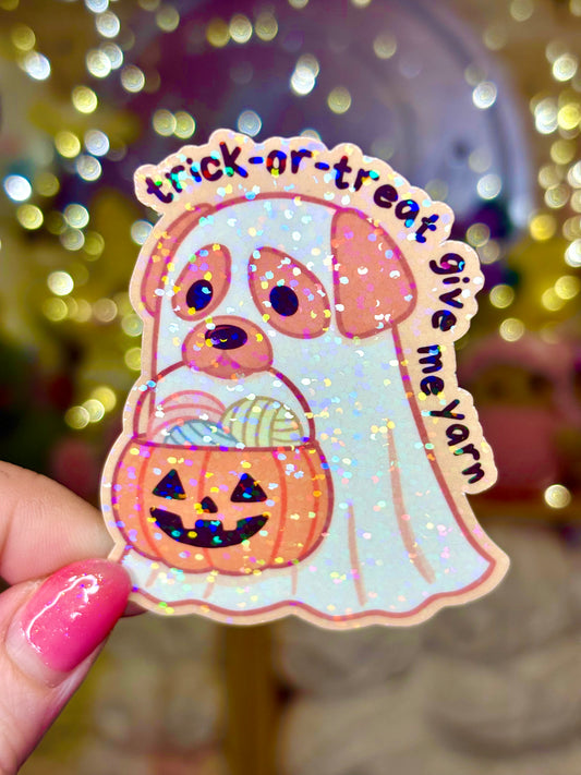Trick-or-Treat Give Me Yarn Halloween Golden Retriever Dog - Waterproof Sticker for Water Bottle/Stanley, Car, Laptop, Phone, Game Console