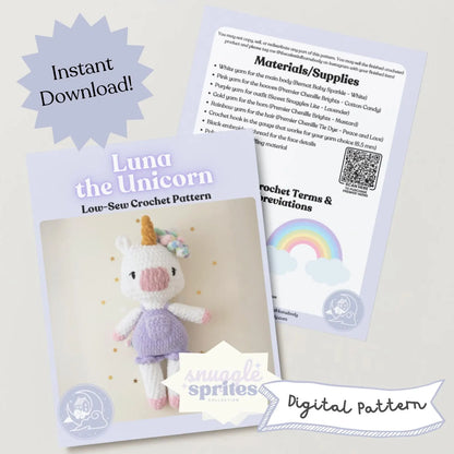 Luna the Unicorn Low-Sew Crochet Amigurumi Pattern DIGITAL DOWNLOAD - Snuggle Sprites Collection (Copy)