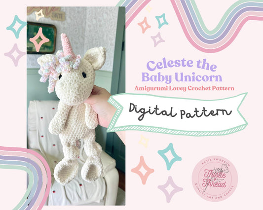 Crochet Pattern - Celeste the Baby Unicorn Snuggler Lovey DIGITAL DOWNLOAD Quick Amigurumi Pattern, Super Soft, for Beginner