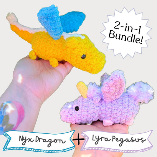 2-in-1 Nyx the Dragon + Lyra the Pegasus LOW SEW Crochet Pattern Digital Download Quick Amigurumi Pattern Great for Market Prep!