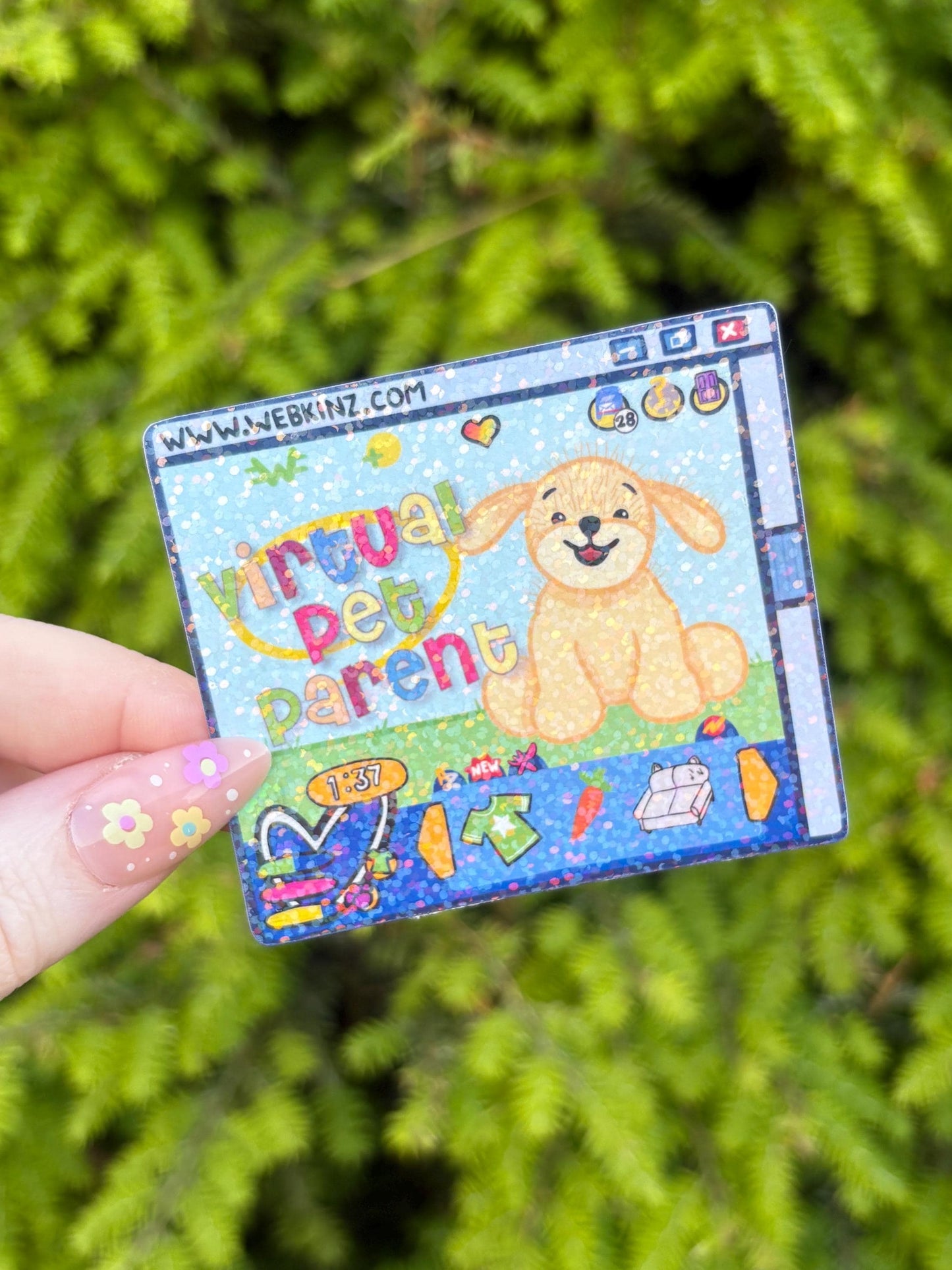 Virtual Pet Parent Browser Nostalgic Sticker - Holographic Waterproof Sticker for Water Bottle/Stanley, Car, Laptop, Phone, Game Console