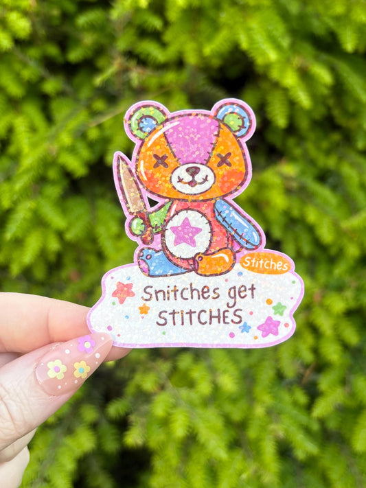 Snitches Get Stitches Sticker - Holographic Rainbow Waterproof Sticker for Water Bottle/Stanley, Car, Laptop, Phone, Game Console