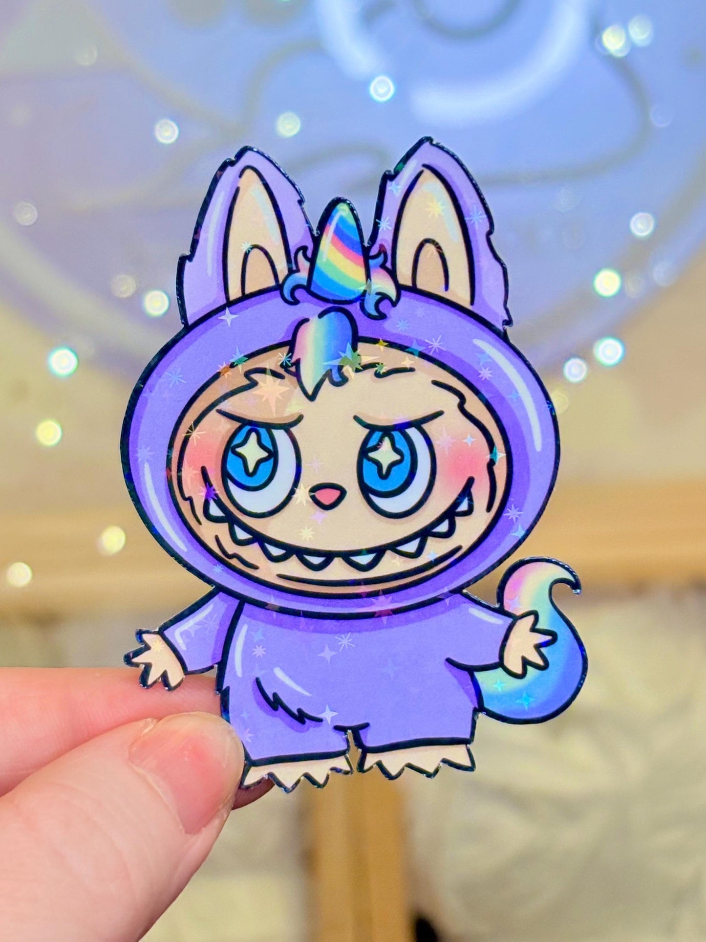 Little Monster Labubu Unicorn Sticker - Holographic Waterproof Sticker for Water Bottle/Stanley, Car, Laptop, Phone, Game Console