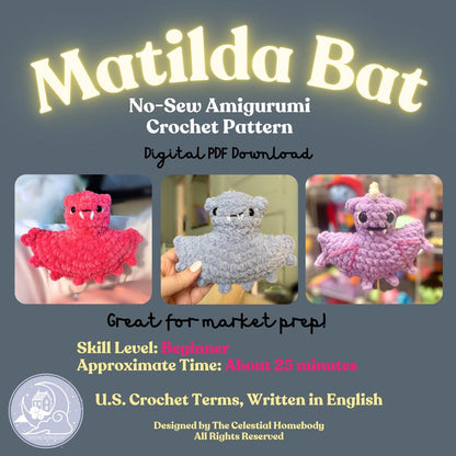 Matilda the Bat NO SEW Beginner Crochet Pattern Digital Download Quick Amigurumi Pattern Great for Market Prep!