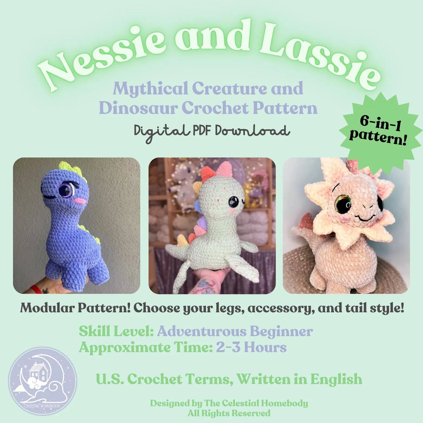 Sea Monster+Dinosaur 6-in-1 Crochet Pattern Digital Download Amigurumi Pattern