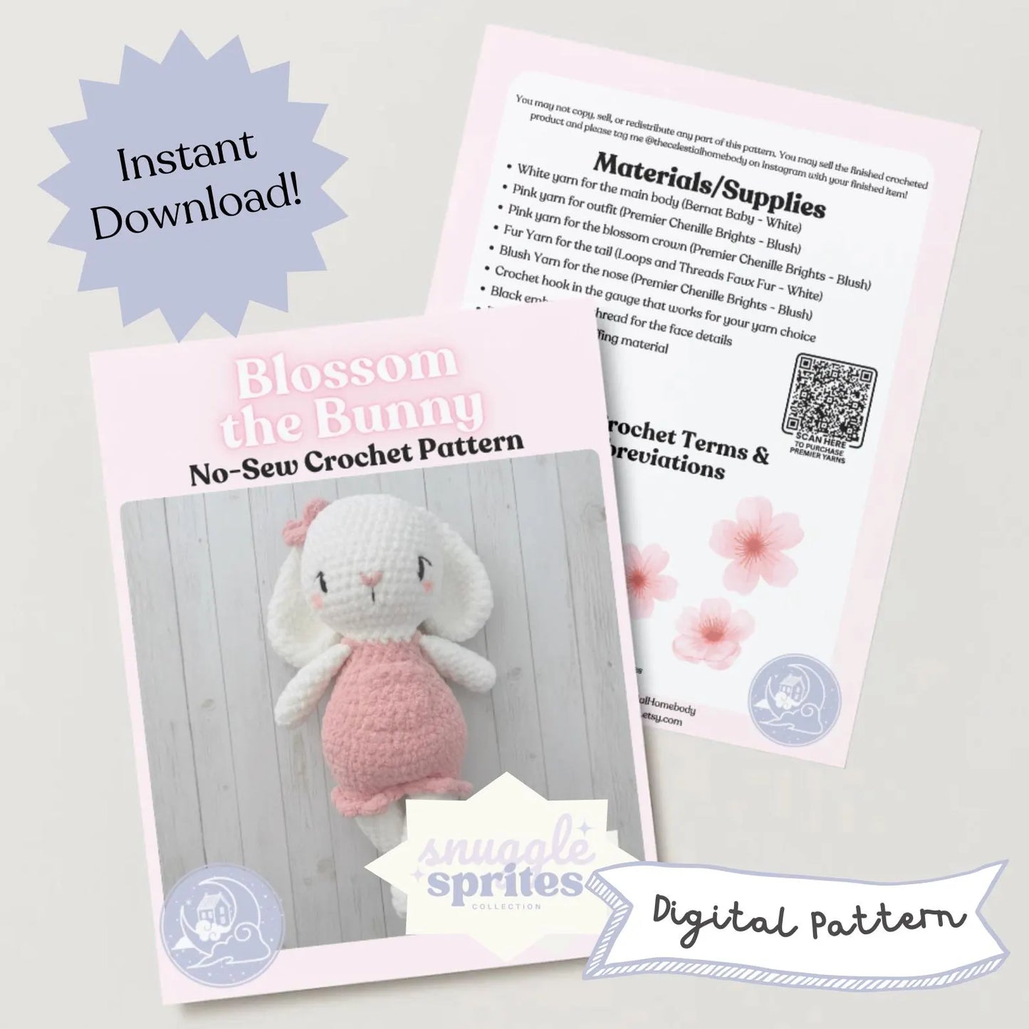 Blossom the Bunny No-Sew Crochet Amigurumi Pattern DIGITAL DOWNLOAD - Snuggle Sprites Collection