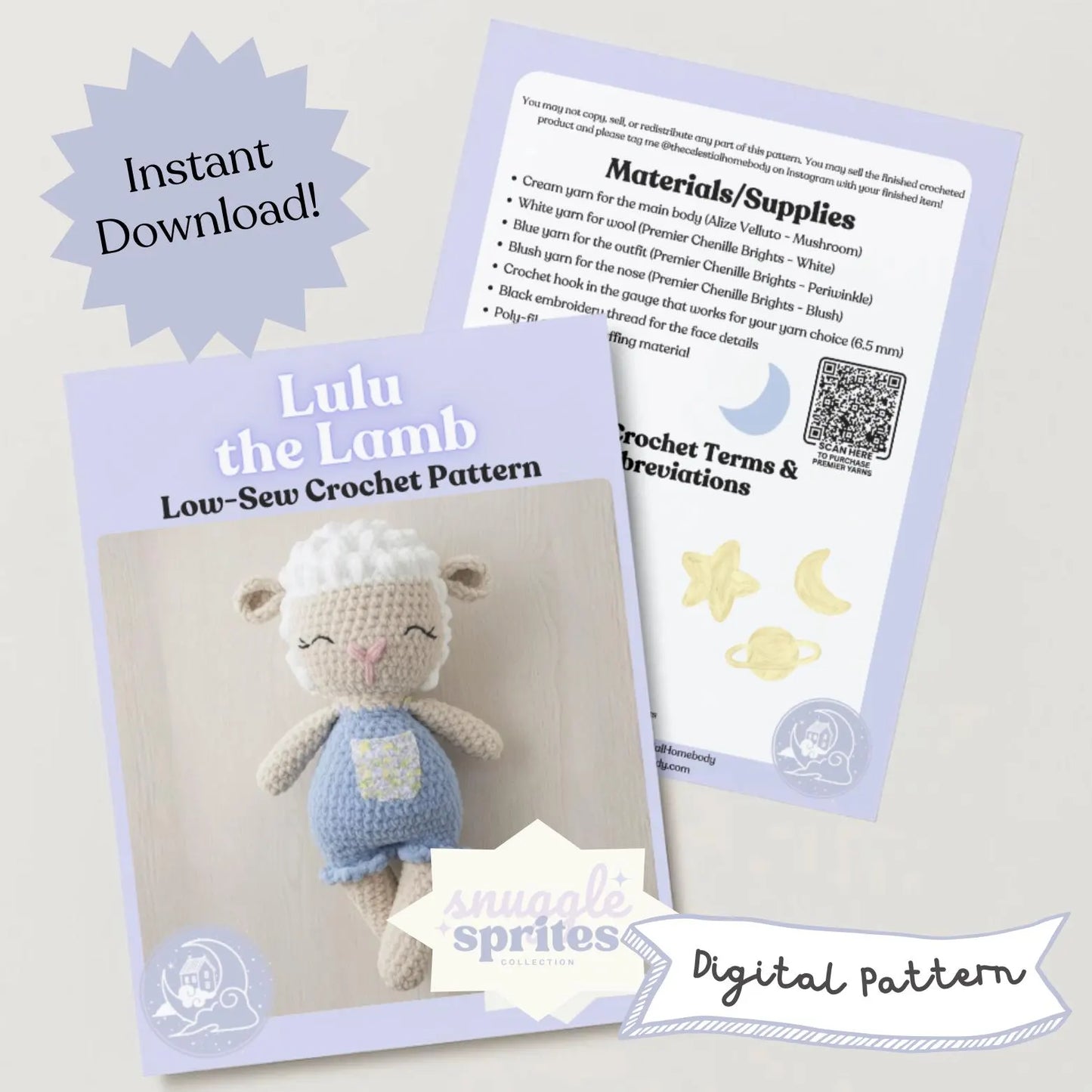 Lulu the Lamb Low-Sew Crochet Amigurumi Pattern DIGITAL DOWNLOAD - Snuggle Sprites Collection